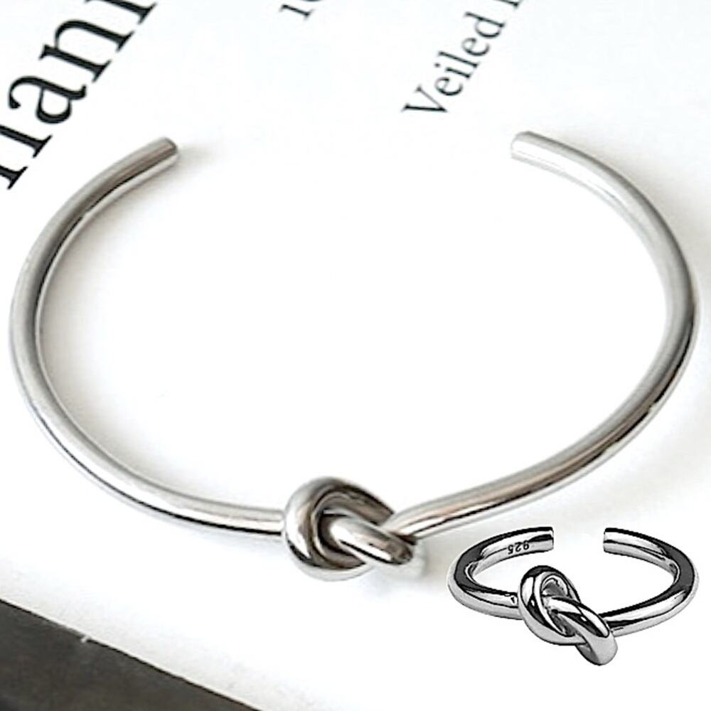 Tie Knot Silver Bangle Cuff Bracelet